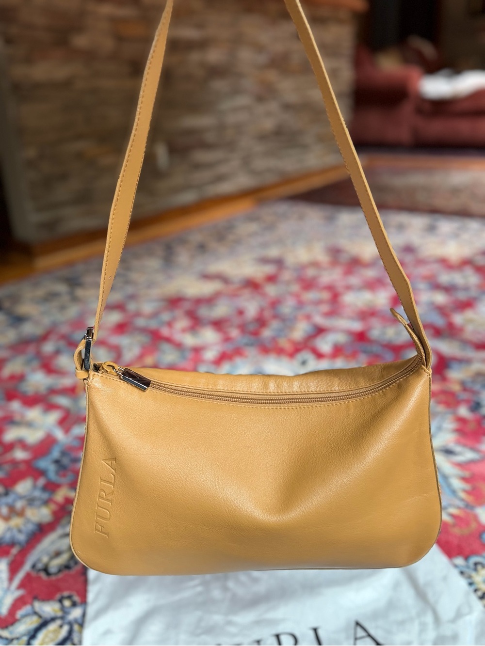 Furla Camel Tan Italian Leather Shoulder Baguette Bag Includes Dusty